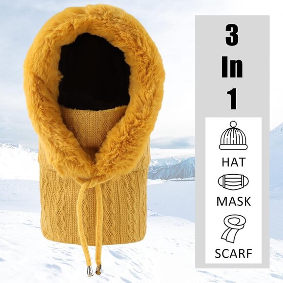 Women Yellow Polyester Warm Thick Fluff Beanie Neck Face Winter Balaclava - Picture 4 of 7